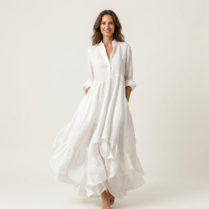 Jilana | Robe maxi à col montant et boutons sur le devant, ourlet à volants