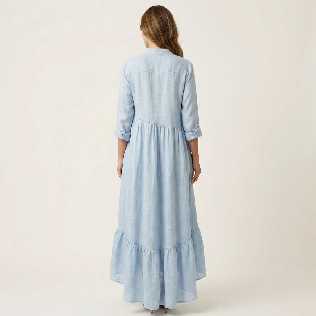 Jilana | Robe maxi à col montant et boutons sur le devant, ourlet à volants