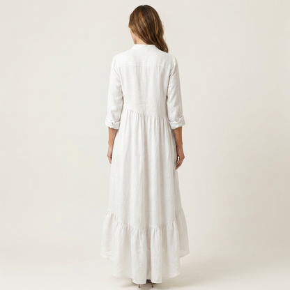 Jilana | Robe maxi à col montant et boutons sur le devant, ourlet à volants