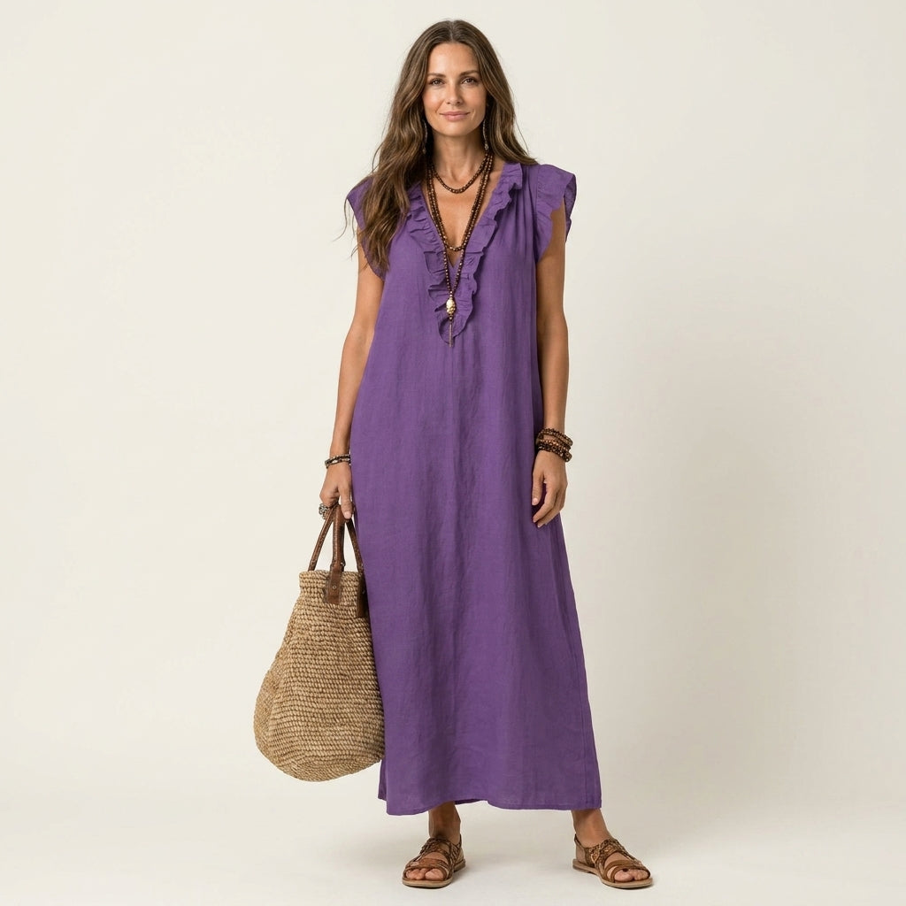 Josette | Robe maxi en lin à col en V et volants