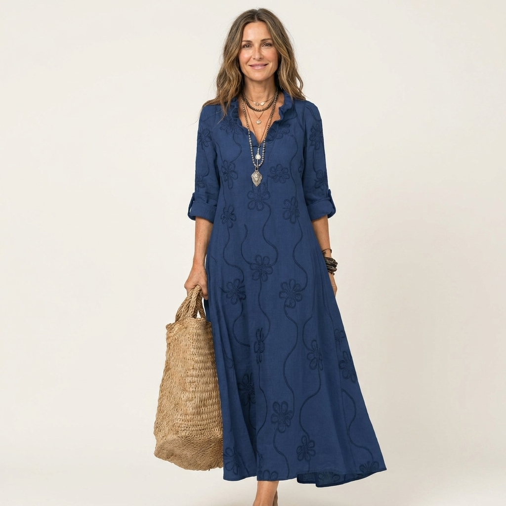 Mariam | Robe maxi en coton-lin avec broderie florale tonale