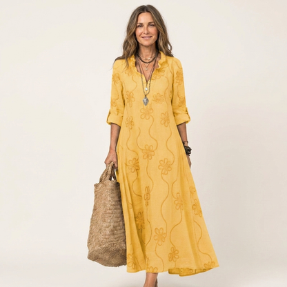 Mariam | Robe maxi en coton-lin avec broderie florale tonale
