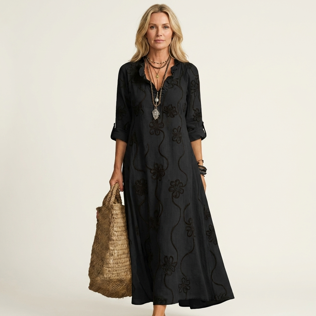 Mariam | Robe maxi en coton-lin avec broderie florale tonale