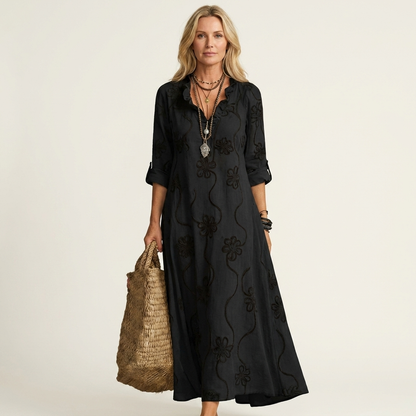 Mariam | Robe maxi en coton-lin avec broderie florale tonale