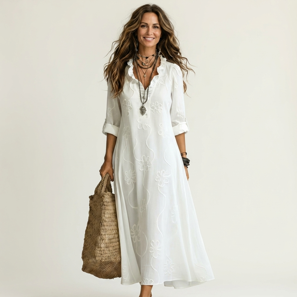 Mariam | Robe maxi en coton-lin avec broderie florale tonale