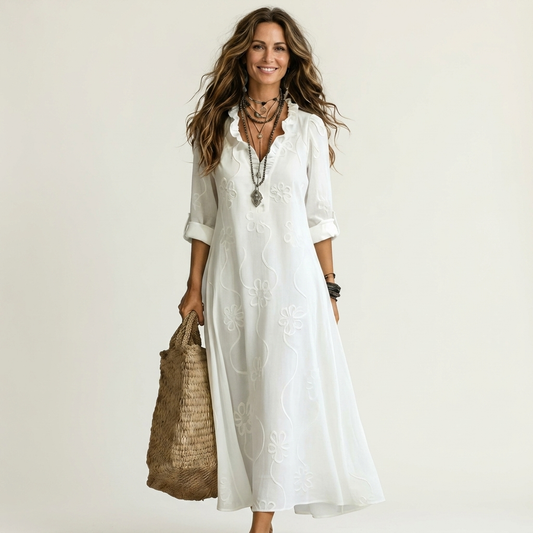 Mariam | Robe maxi en coton-lin avec broderie florale tonale
