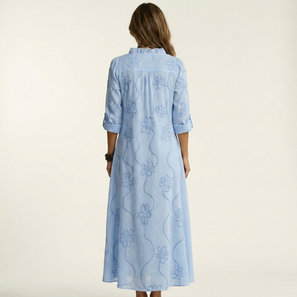 Mariam | Robe maxi en coton-lin avec broderie florale tonale