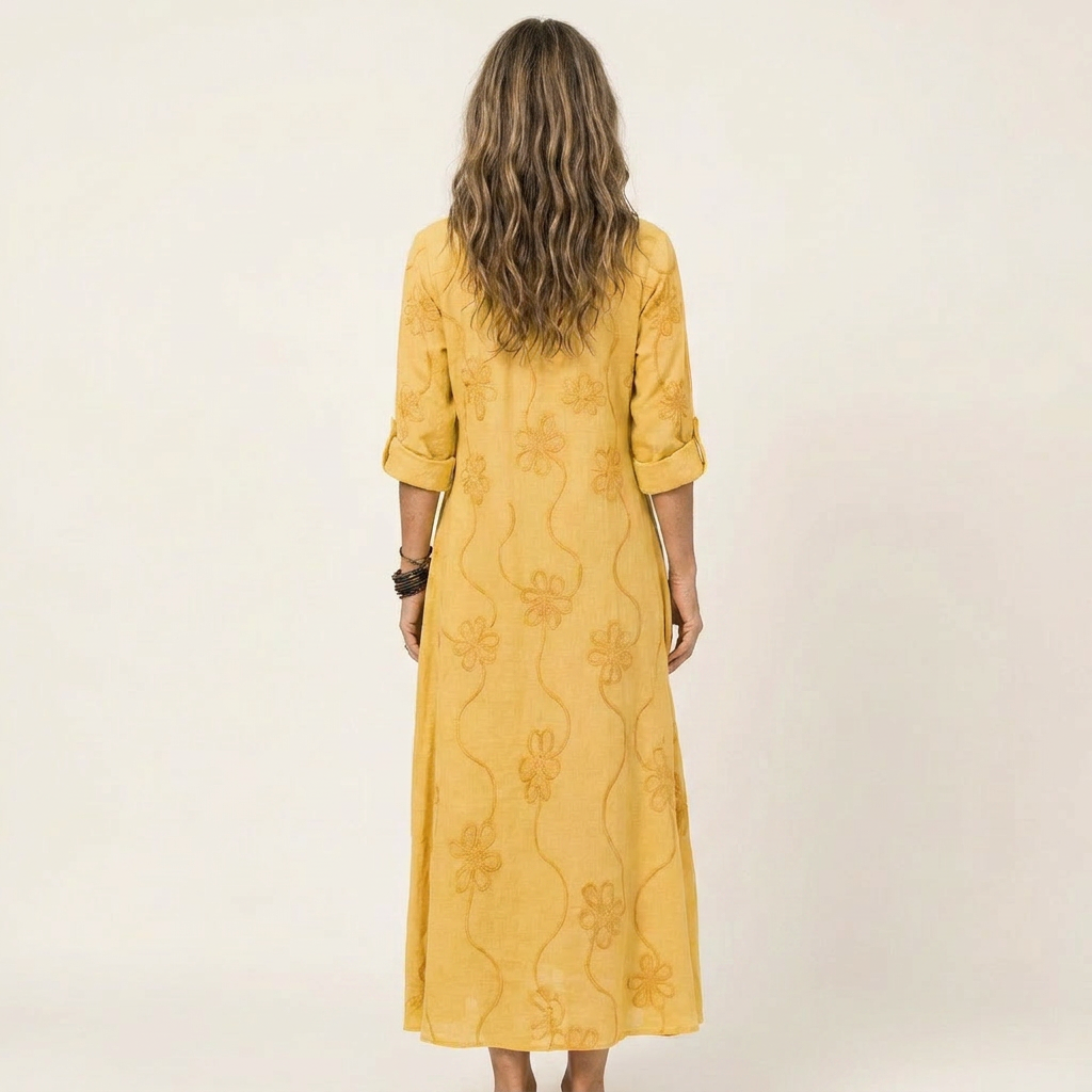 Mariam | Robe maxi en coton-lin avec broderie florale tonale