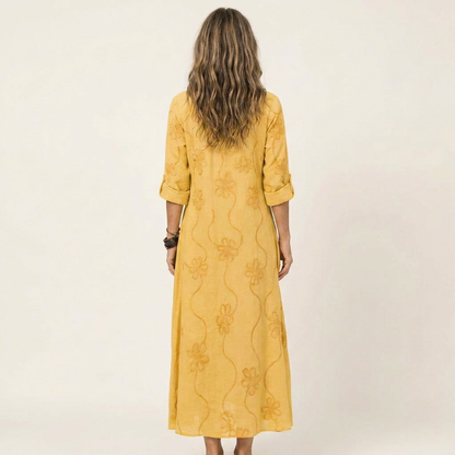 Mariam | Robe maxi en coton-lin avec broderie florale tonale