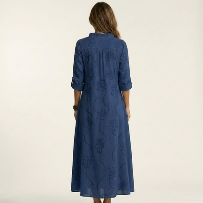 Mariam | Robe maxi en coton-lin avec broderie florale tonale