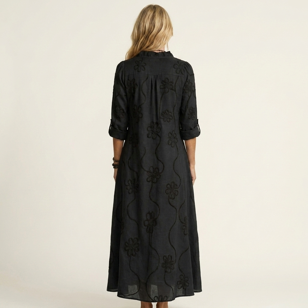 Mariam | Robe maxi en coton-lin avec broderie florale tonale