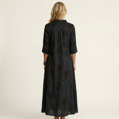 Mariam | Robe maxi en coton-lin avec broderie florale tonale