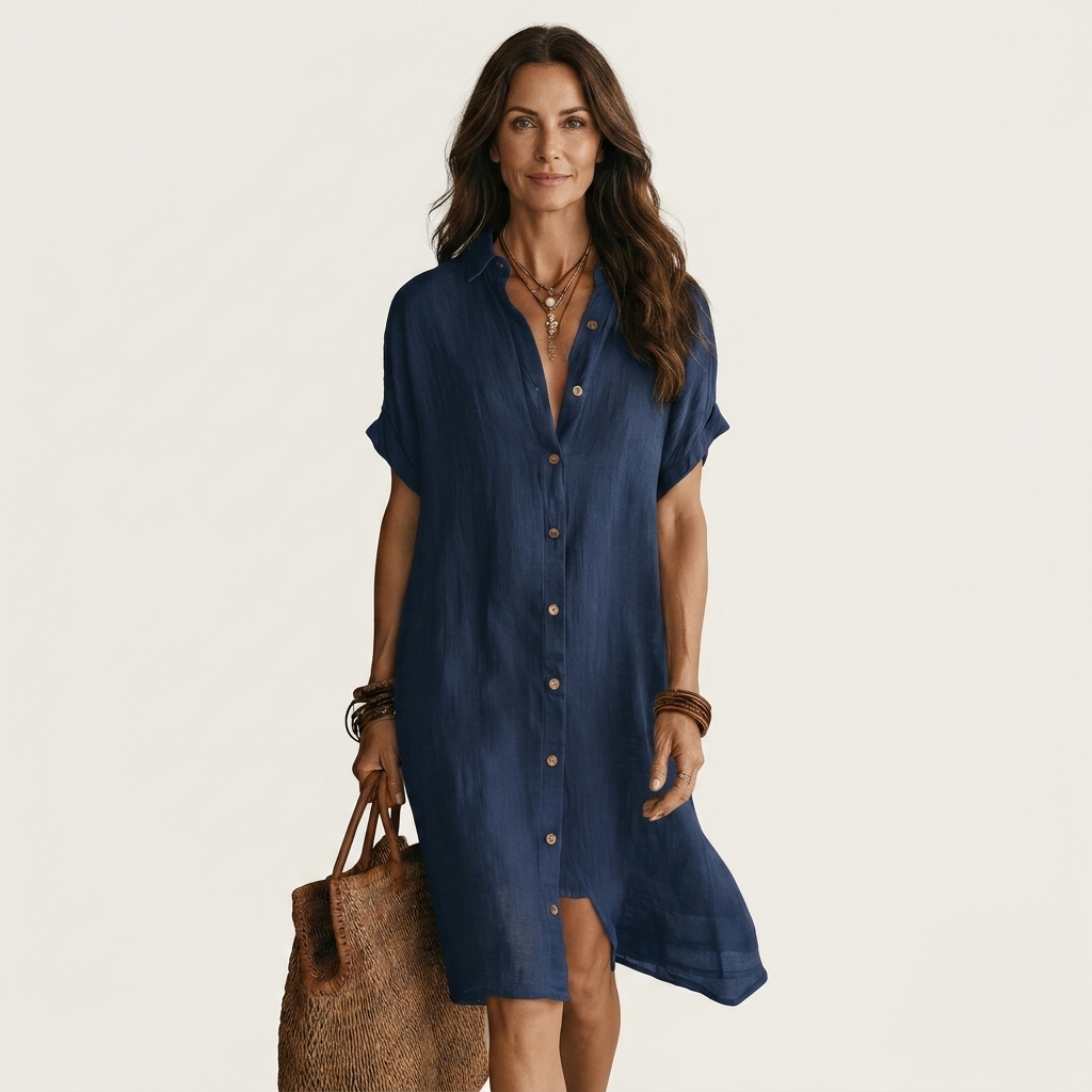 Nidalie | Robe chemise midi en coton-lin à poignets roulés