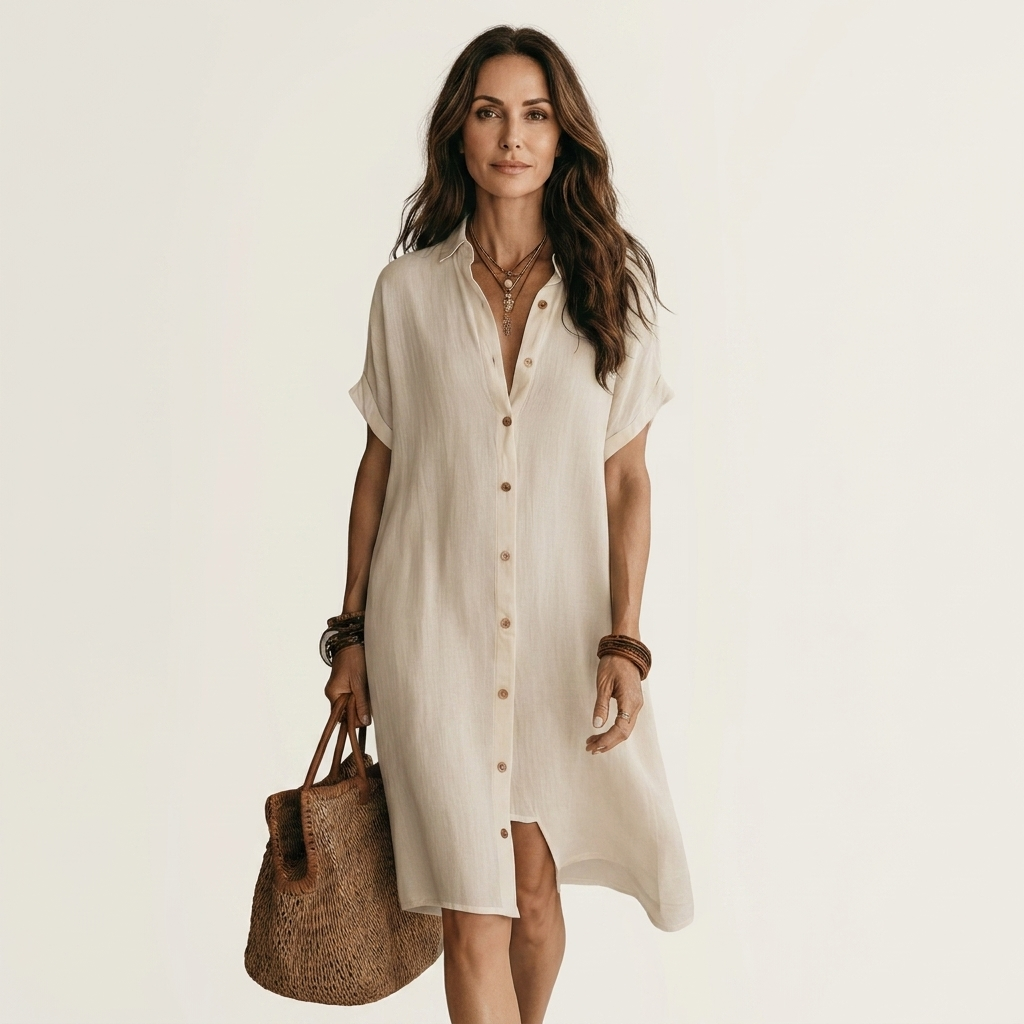 Nidalie | Robe chemise midi en coton-lin à poignets roulés