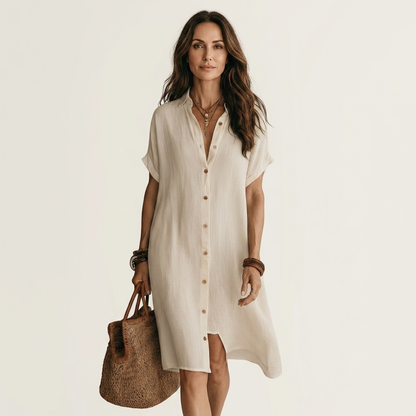 Nidalie | Robe chemise midi en coton-lin à poignets roulés