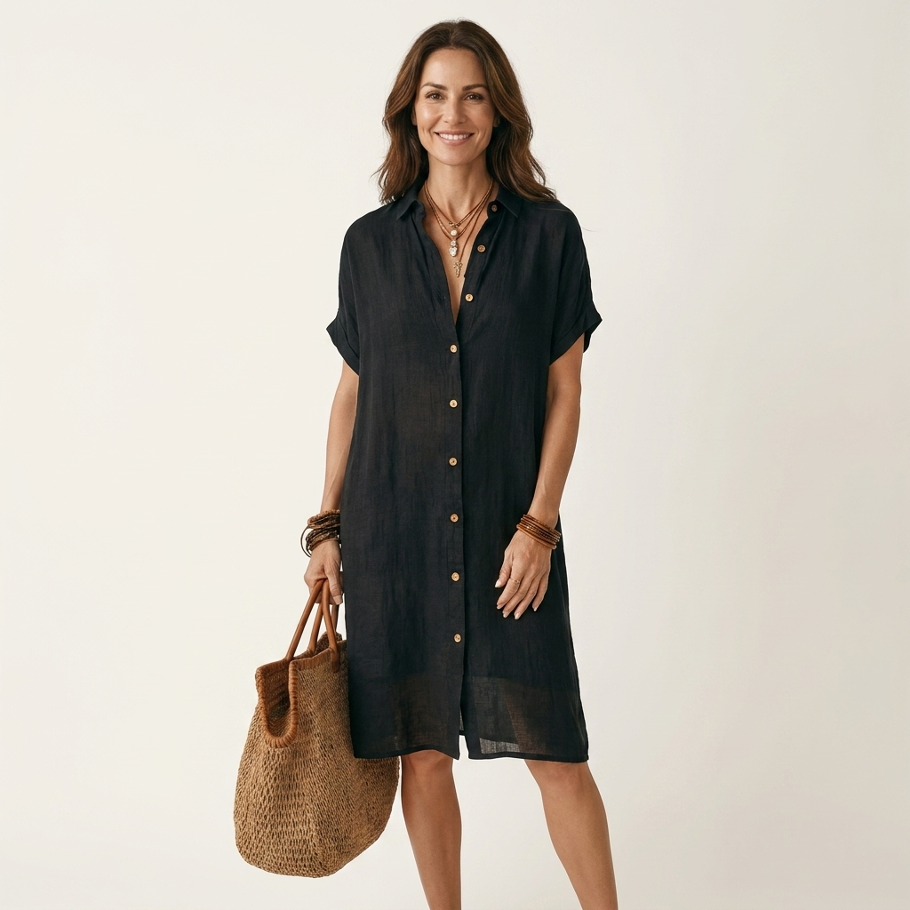 Nidalie | Robe chemise midi en coton-lin à poignets roulés