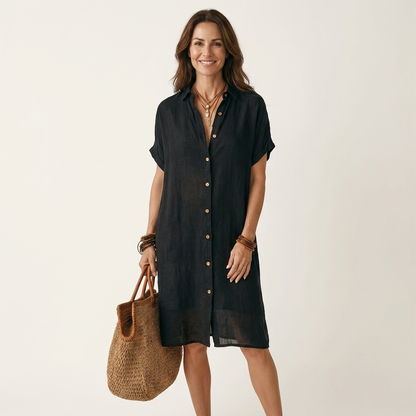 Nidalie | Robe chemise midi en coton-lin à poignets roulés