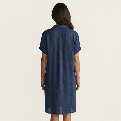 Nidalie | Robe chemise midi en coton-lin à poignets roulés