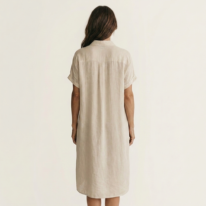 Nidalie | Robe chemise midi en coton-lin à poignets roulés