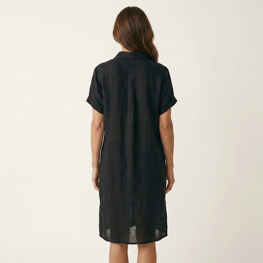 Nidalie | Robe chemise midi en coton-lin à poignets roulés