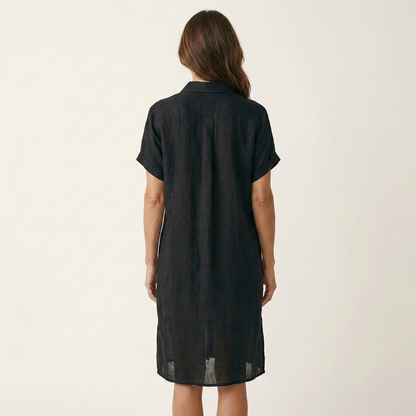 Nidalie | Robe chemise midi en coton-lin à poignets roulés