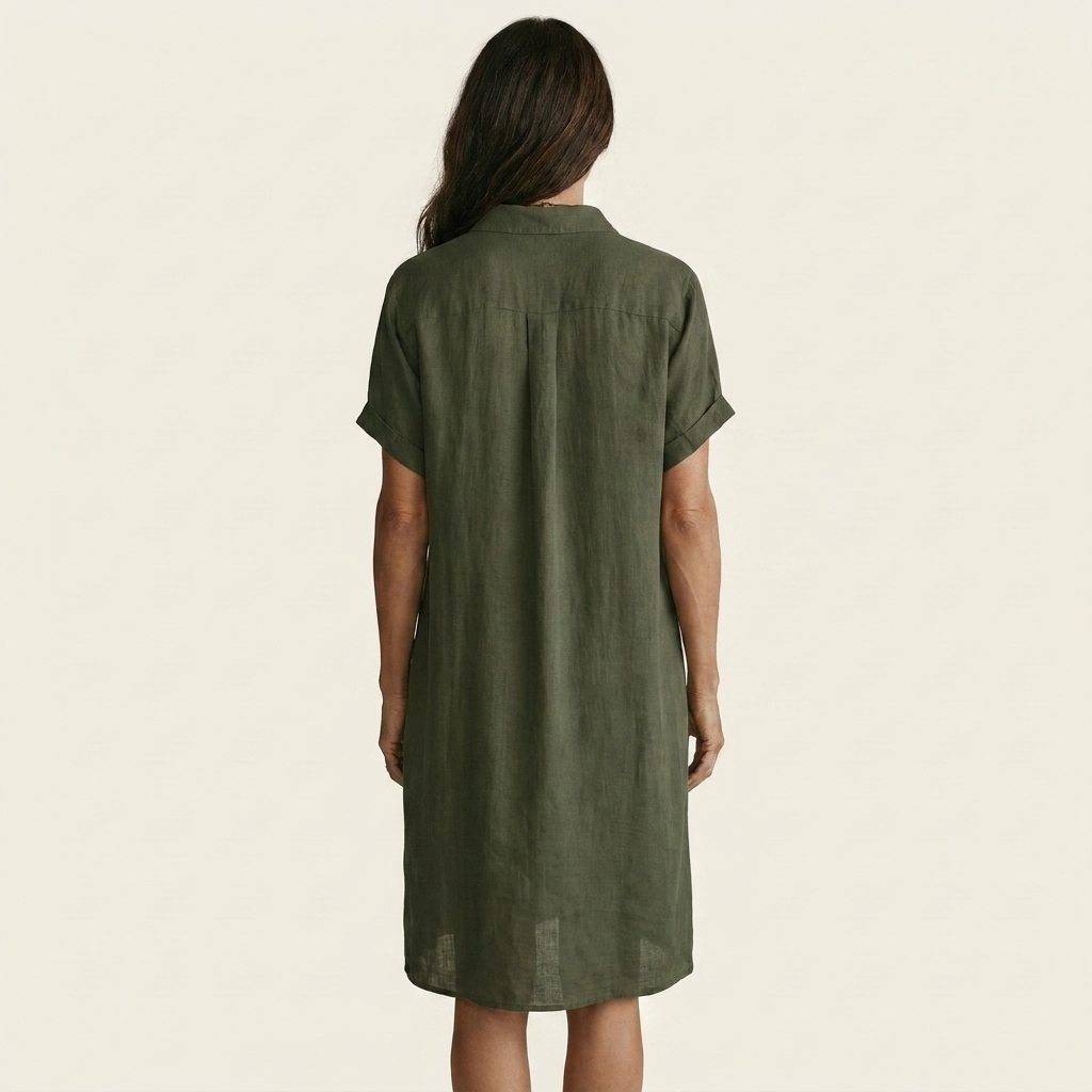Nidalie | Robe chemise midi en coton-lin à poignets roulés