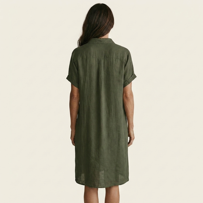 Nidalie | Robe chemise midi en coton-lin à poignets roulés